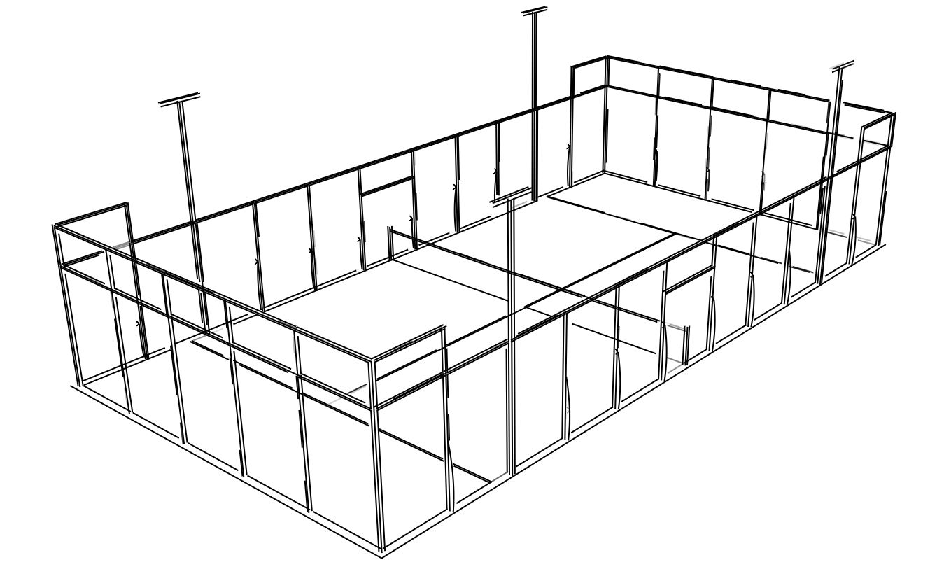 Custom Padel, création de terrain standard de Padel Indoor et Outdoor. Structure thermolaqué anti-corrosion, gazon synthétique, parois en verre trempé, éclairage led. Possibilité de personnalisation avec création d'espace de détente. Réalisation d'un rendu. en 3D pour visualisation de votre futur projet de terrain de padel